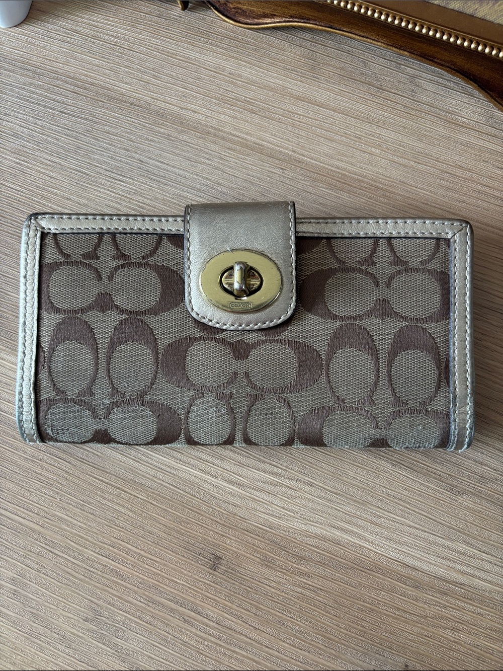 Coach Khaki Signature Canvas Wallet with Gold Turnlock